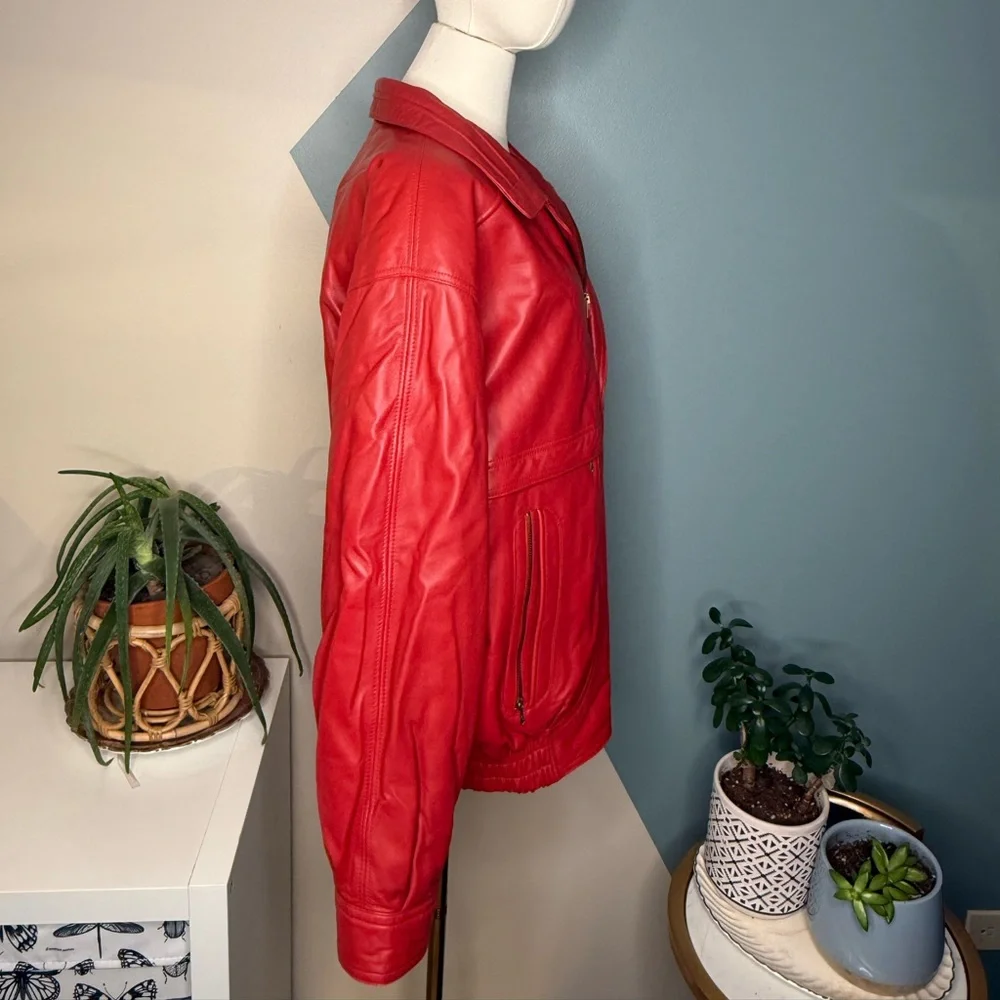 Vintage 90s Red Leather Bomber Jacket STRIWA Croatia SALMI Zip Oversized 40 - Picture 7 of 13